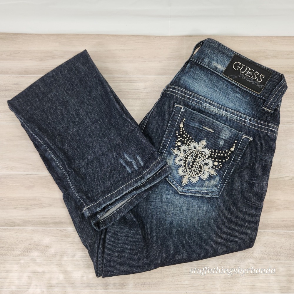 Guess Women's Size 27 Daredevil Skinny Jean, Dark Distress Revival Wash 30"x32"